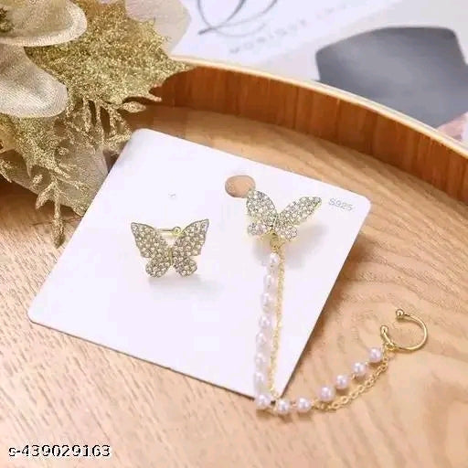"Vembley Gold-Plated Korean-Style Butterfly & Pearl Mismatch Earrings (2 Pieces)"