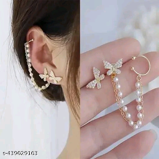 "Vembley Gold-Plated Korean-Style Butterfly & Pearl Mismatch Earrings (2 Pieces)"