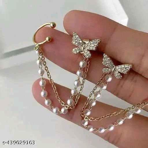 "Vembley Gold-Plated Korean-Style Butterfly & Pearl Mismatch Earrings (2 Pieces)"